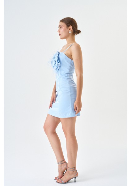 Pamuk Saten Kumaş Mini Boy Gül Detaylı Askılı Abiye Elbise