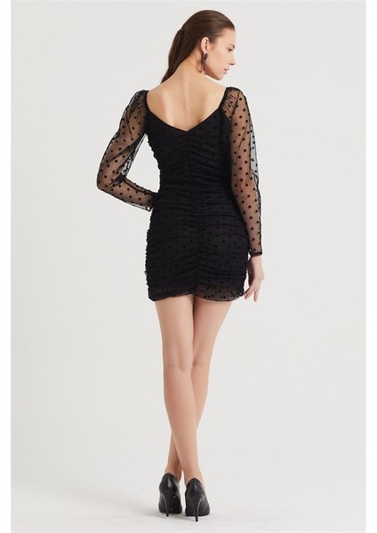 Kadın Mini Elbise Tüllü Puantiyeli V Yaka Uzun Kol %80 Pamuk %20 Polyester Kumaş/Siyah fiyatları
