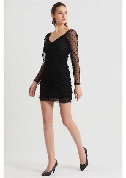 Kadın Mini Elbise Tüllü Puantiyeli V Yaka Uzun Kol %80 Pamuk %20 Polyester Kumaş/Siyah fırsatları