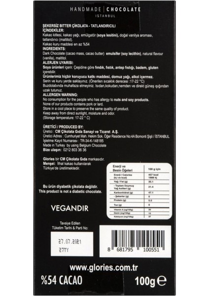 Bitter Vegan-Şekersiz Çikolata 100 gr