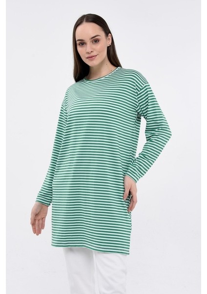 Kadın Çizgili Bisiklet Yaka Spor Tunik