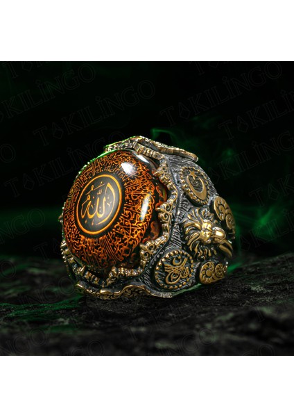 925 Ayar Gümüş Kehribar Taşlı Ayetel Kursi Işlemeli Aslan Motifli Erkek Yüzük