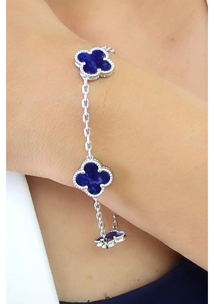 Sodalit Taş Detaylı 925AYAR Gümüş Italyan Tasarımı Yonca Bileklik fiyatları