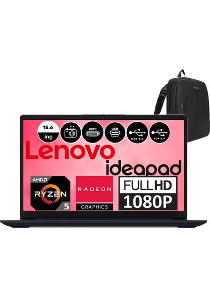 Ideapad 1 15ALC7 Amd Ryzen 5 5500U 8gb 256GB SSD Freedos 15.6" Fullhd Taşınabilir Bilgisayar Koyu Mavi 82R400LYTXF01 + Zetta Çanta