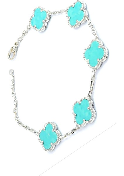 Amazonit Taş Detaylı 925AYAR Gümüş Italyan Tasarımı Yonca Bileklik