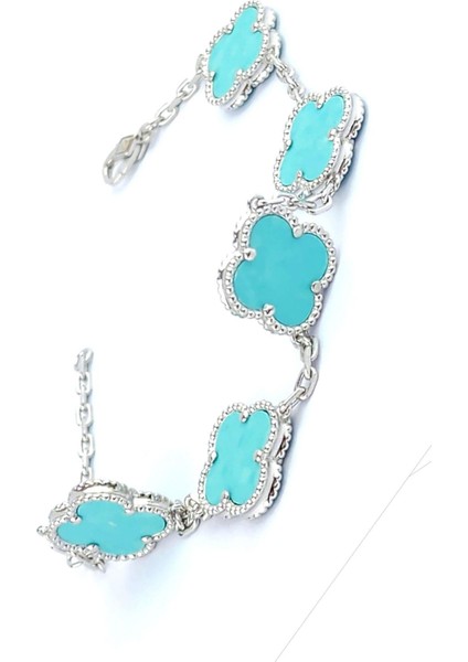 Amazonit Taş Detaylı 925AYAR Gümüş Italyan Tasarımı Yonca Bileklik fiyatları