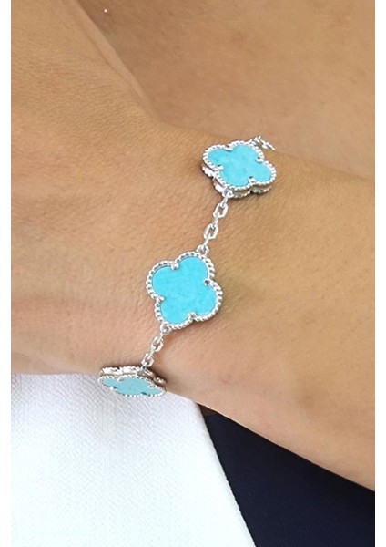Amazonit Taş Detaylı 925AYAR Gümüş Italyan Tasarımı Yonca Bileklik modelleri