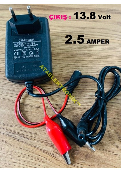 Ata Elektronik Akülü Araçlar Için 12 Volt Aküler Için Şarj Cihazı Şarz Adaptörü 13.8 Volt - 2.5 Amper Kırmızı * Yeşil Ledli + Krokodil Uçlu Akü Şarj Aleti + Led ışıklı +  VOLTAJ KESİCİLİ