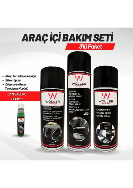 Araç Içi Bakım Seti 3'lü Paket Klima Temizleyici Silikon Sprey Döşeme ve Genel Temizleme Köpüğü
