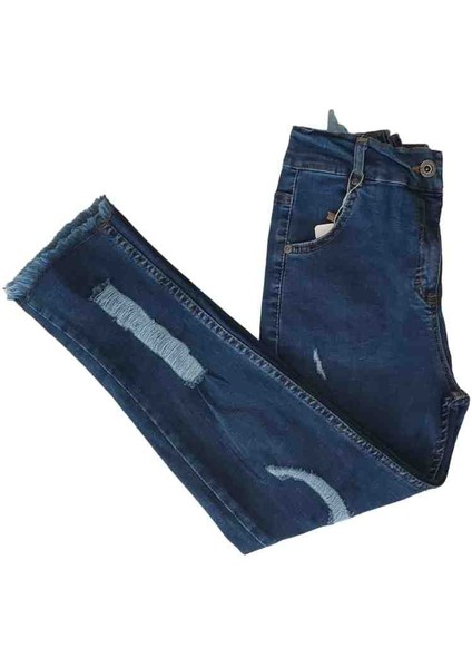 Kız Çocuk Belden Lastikli Yırtıklı Jeans Pantolon