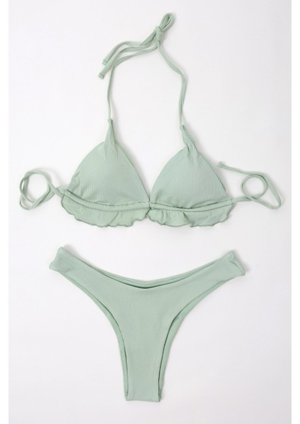 Kadın Çağla Yeşil Astarlı Ip Bağlamalı Yüksel Bel Üçgen Bikini Takım HZL24S-LC2233