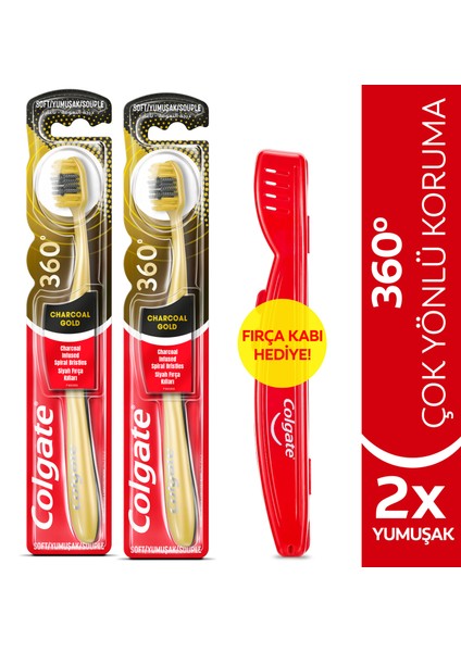 360 Charcoal Gold Yumuşak Diş Fırçası x 2 Adet + Diş Fırçası Kabı