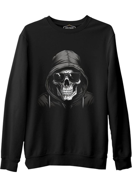 Asi Ruh - Cool Kurukafa Baskılı Siyah Erkek Kalın Sweatshirt