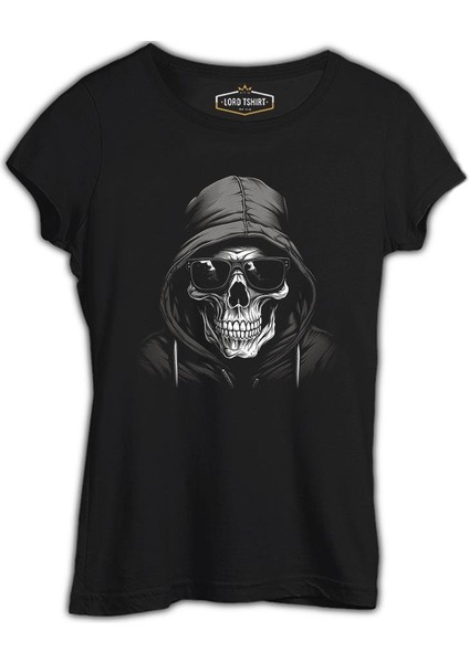Asi Ruh - Cool Kurukafa Baskılı Siyah Bayan Tshirt