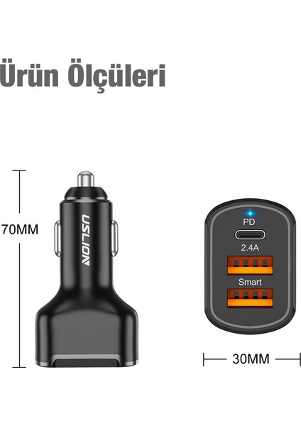 USLİON 30W 2 USB + Type-C Girişli QC3.0 Hızlı Araç Çakmaklık Şarjı