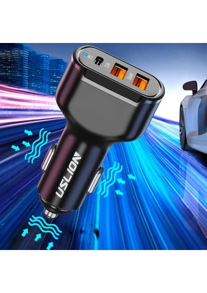 USLİON 30W 2 USB + Type-C Girişli QC3.0 Hızlı Araç Çakmaklık Şarjı
