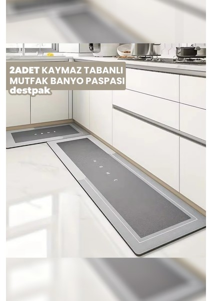 2 Adet Su Emici Kaymaz Tabanlı Banyo Paspası Seti - Mutfak Tezgah Önü Paspası - 50X70 ve 40X120 cm