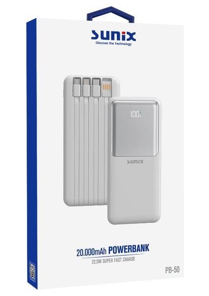 20000 mAh Dijital Göstergeli Dahili Çoklu Kablolu Taşınabilir Powerbank Beyaz Pb-50