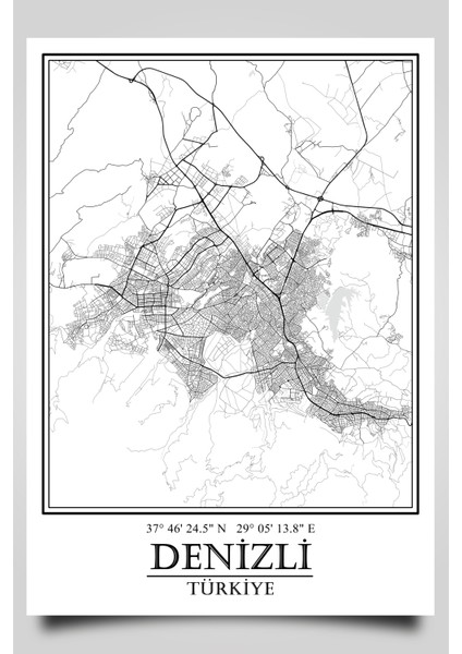 Denizli Şehir Haritası Çerçevesiz Poster-Harita Sanatı, Map Art Design