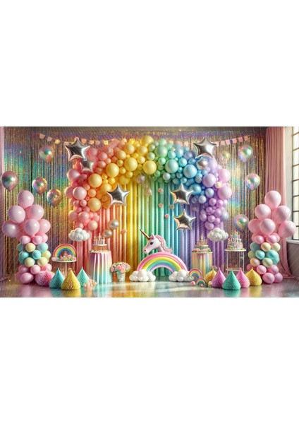 Gökkuşağı ve Unicorn Temalı Renkli ve Parlak Stüdyo Arkaplanı 150 x 100 cm Arka Plan