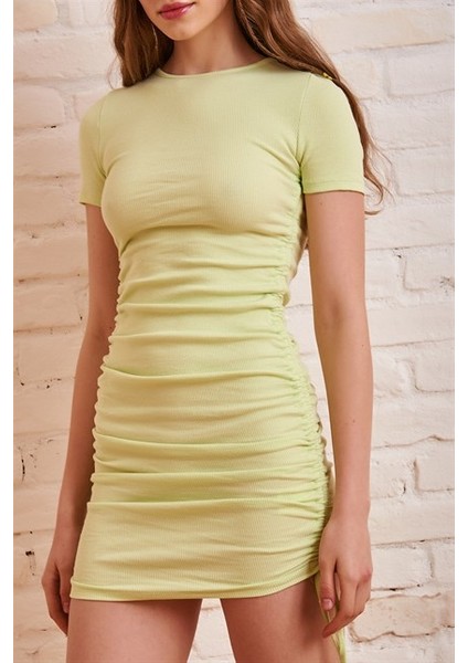 Kadın Mini Elbise Yanları Büzgülü Bağcıklı Kaşkorse Ful Esnek Penye Kumaş modelleri