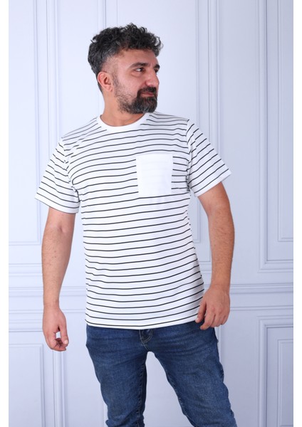 Tişört Unisex Over Size Çizgili Bisiklet Yaka Cepli ve Yırtmaçlı Kaliteli Ürün