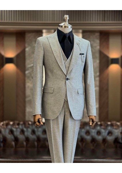 Italyan Stil Slim Fit Erkek Ceket Yelek Pantolon Takım Elbise Gri T9933