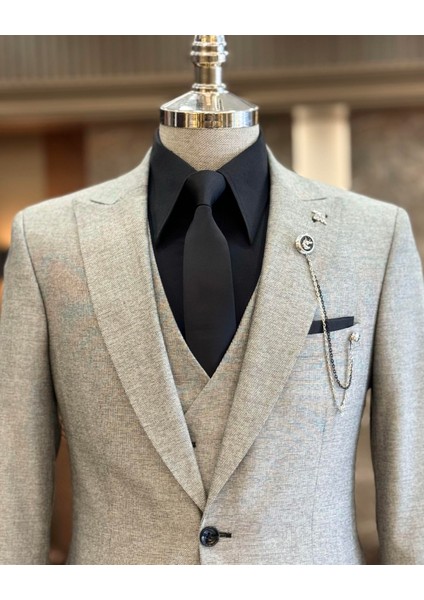 Italyan Stil Slim Fit Erkek Ceket Yelek Pantolon Takım Elbise Gri T9933 fiyatları