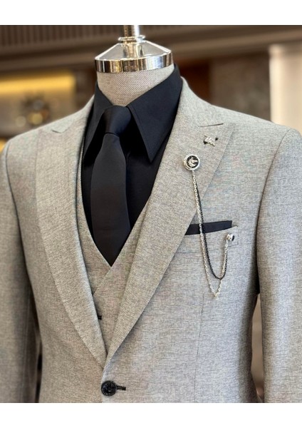 Italyan Stil Slim Fit Erkek Ceket Yelek Pantolon Takım Elbise Gri T9933 indirimleri
