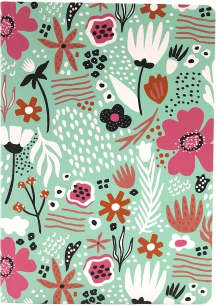 128 Yaprak Çizgili Zemin Renkli Defter Pembe Çiçek 15 x 21 cm