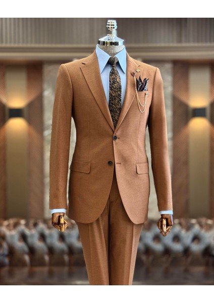 İtalyan stil slim fit erkek ceket pantolon takım elbise kahverengi T12711