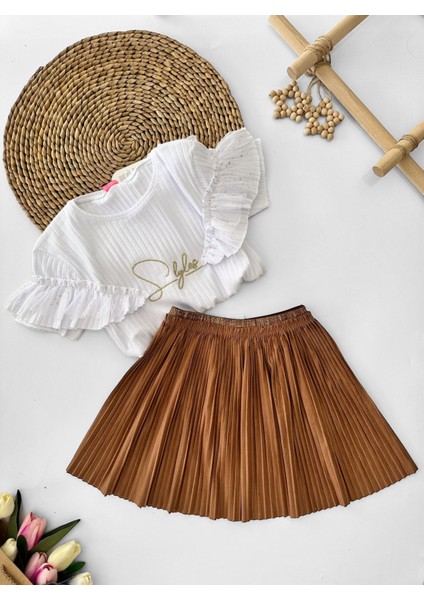 Style Tüllü Kısa Kol Süet Etekli Kız çocuk takım - Kahverengi fiyatları