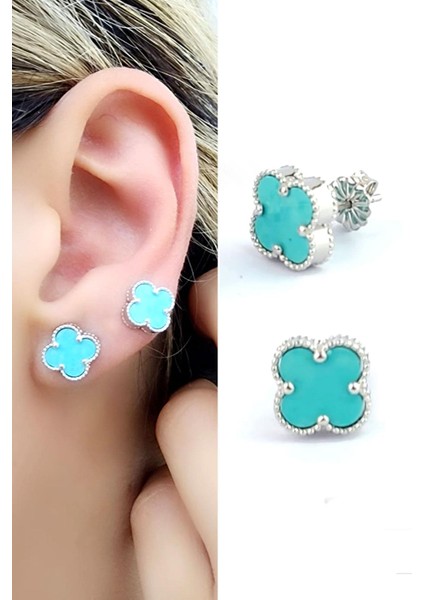 Amazonit Taş Detaylı 925AYAR Gümüş Italyan Tasarımı Yonca Küpe Özel Seri