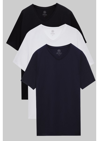 Slim Fit Siyah/beyaz/lacivert 3'lü T-Shirt
