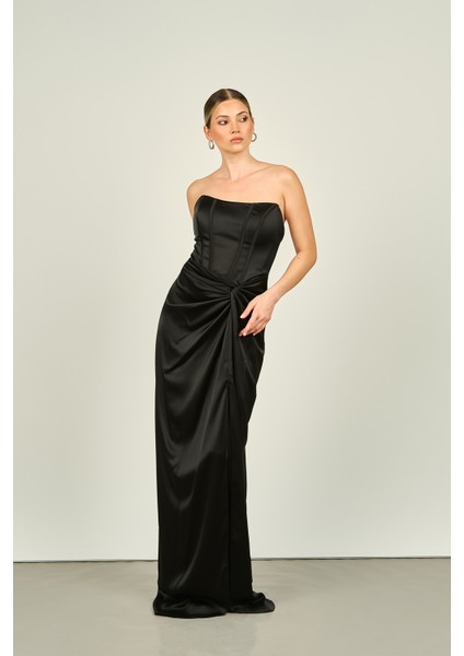 Kadın Straplez Derin Yırtmaçlı Uzun Abiye Elbise 5062 Siyah