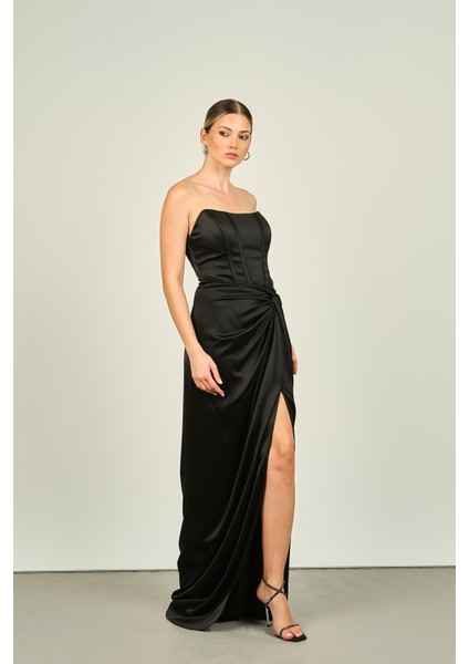 Kadın Straplez Derin Yırtmaçlı Uzun Abiye Elbise 5062 Siyah fiyatları