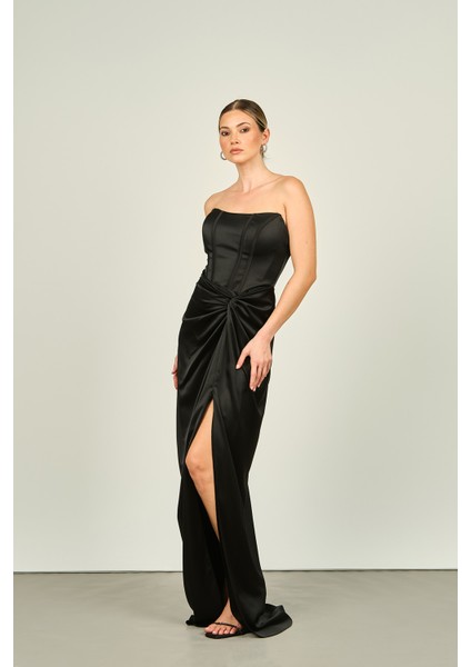 Kadın Straplez Derin Yırtmaçlı Uzun Abiye Elbise 5062 Siyah modelleri