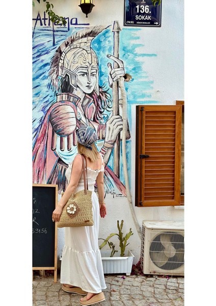 Hasır Örgü Çiçek Detaylı Çanta, Plaj Çantası, Günlük Çanta Bej / 35 / Tek Ebat