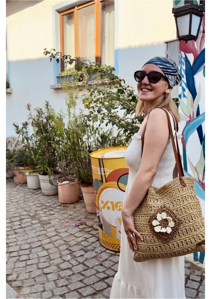 Hasır Örgü Çiçek Detaylı Çanta, Plaj Çantası, Günlük Çanta Bej / 35 / Tek Ebat modelleri