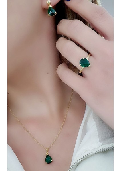 925ayar Gümüş Üzerine Altın Kaplama Yeşil Zirkon Taşlı Damla Set Takım