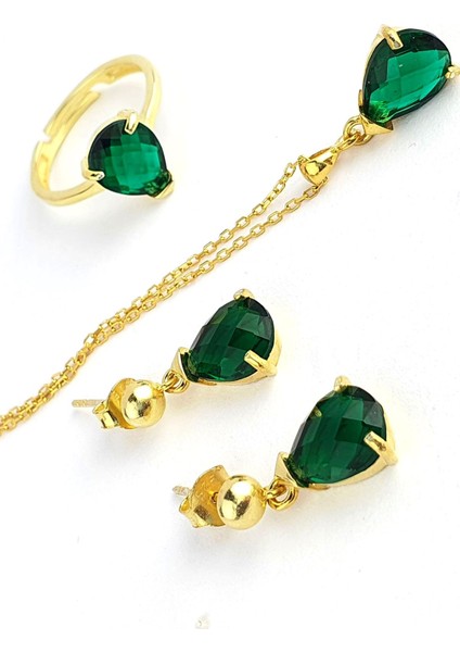 925ayar Gümüş Üzerine Altın Kaplama Yeşil Zirkon Taşlı Damla Set Takım fiyatları