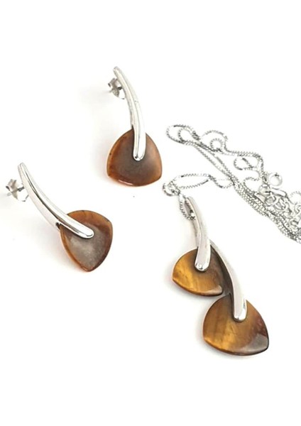 Doğal Kaplan gözü taşlı 925ayar gümüş modern italyan tasarımı set takım