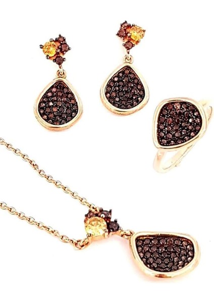 Granat Taşlı İtalyan Tasarımı Gümüş Rose Set