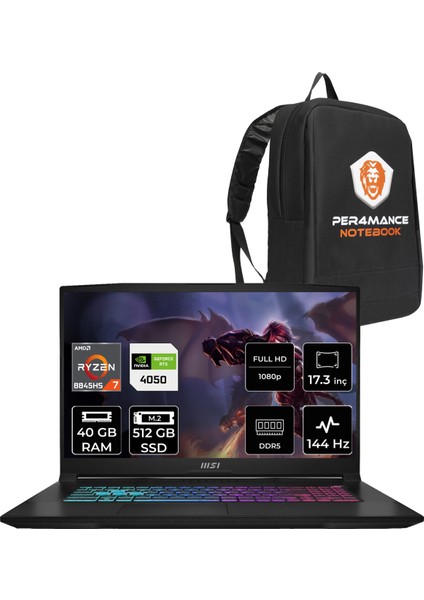 Msı Katana A17 Aı Amd Ryzen 7 8845HS 40GB 512GB SSD RTX4050/6GB 17.3" Fhd 144Hz Fdos Taşınabilir Bilgisayar B8VE-853XTR & Per4 Çanta B8VE853XTRP322