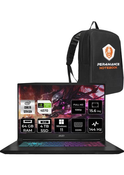 Msı Katana 15 Intel Core I9 13900H 64GB 4tb SSD RTX4070/8GB 15.6" Fhd 144Hz W11P Taşınabilir Bilgisayar B13VGK-1469XTR & Per4 Çanta B13VGK1469XTRP415