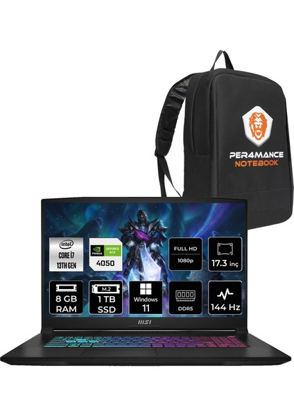 Msı Katana 17 Intel Core I7 13620H 8gb 1tb SSD RTX4050/6GB 17.3" Fhd 144Hz W11H Taşınabilir Bilgisayar B13VEK-1036XTR & Per4 Çanta B13VEK1036XTRP343