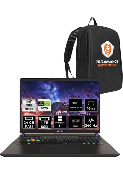 Msı Vector 16 Hx Intel Core I9 14900HX 24GB 4tb SSD RTX4070/8GB 16" Qhd+ 240Hz W11H Taşınabilir Bilgisayar A14VGG-271TR & Per4 Çanta A14VGG271TRP315