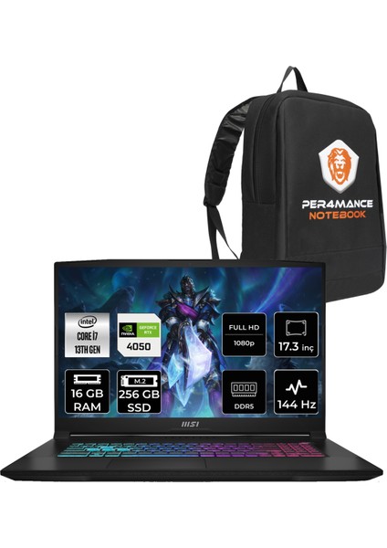 Msı Katana 17 Intel Core I7 13620H 16GB 256GB SSD RTX4050/6GB 17.3" Fhd 144Hz Fdos Taşınabilir Bilgisayar B13VEK-1036XTR & Per4 Çanta B13VEK1036XTRP306