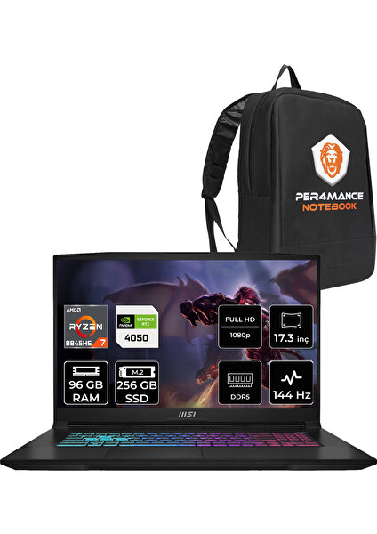 Msı Katana A17 Aı Amd Ryzen 7 8845HS 96GB 256GB SSD RTX4050/6GB 17.3" Fhd 144Hz Fdos Taşınabilir Bilgisayar B8VE-853XTR & Per4 Çanta B8VE853XTRP336