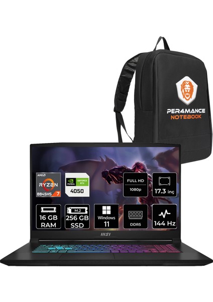 Msı Katana A17 Aı Amd Ryzen 7 8845HS 16GB 256GB SSD RTX4050/6GB 17.3" Fhd 144Hz W11H Taşınabilir Bilgisayar B8VE-853XTR & Per4 Çanta B8VE853XTRP346